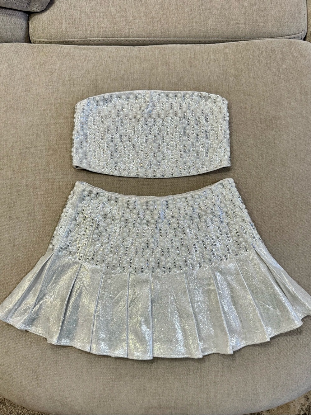 NWOT AKIRA Silver Metallic Skirt Set with Pearl & Rhinestone Embellishments
